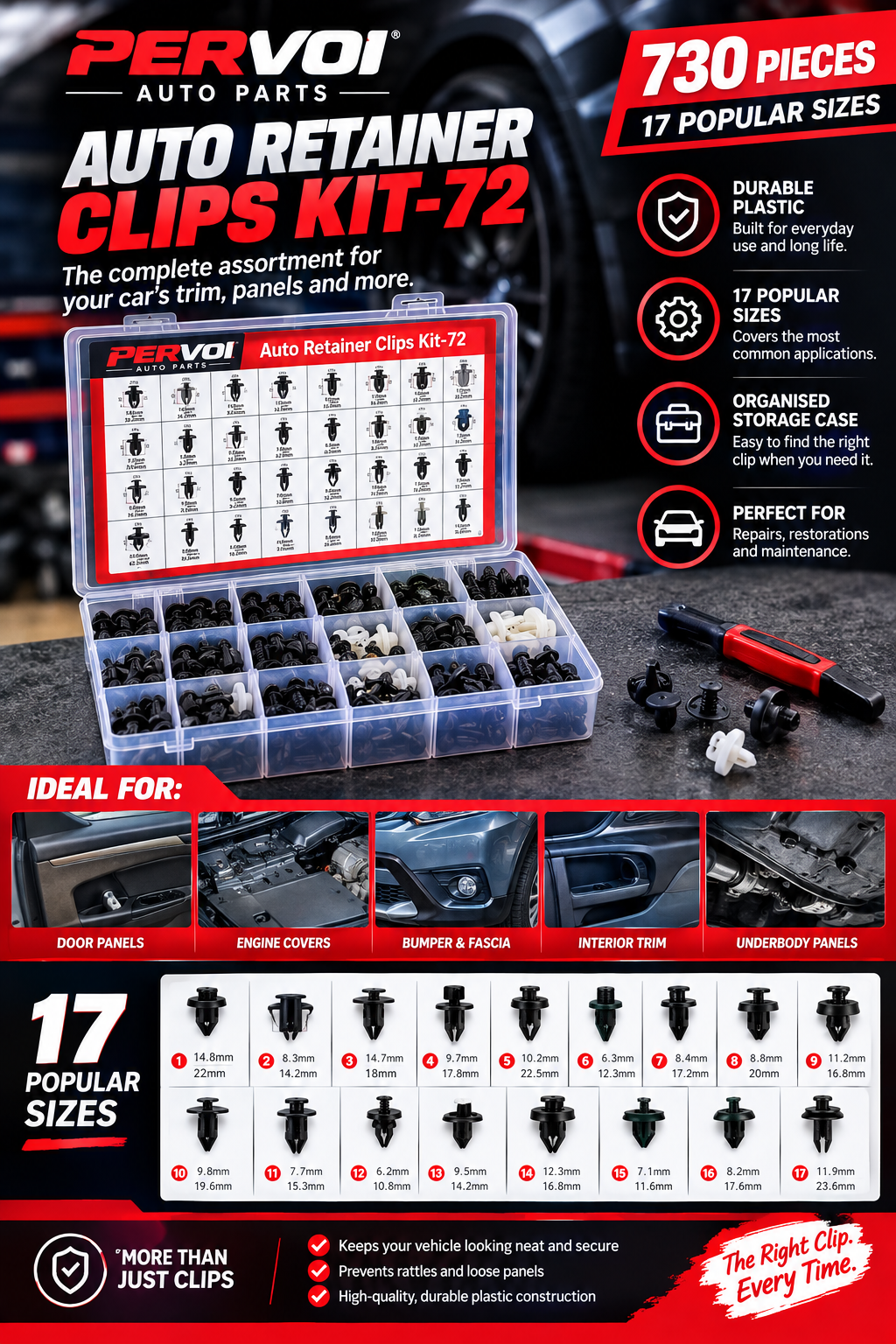 PerVoi Auto Retainer Clips Kit-72, 730 Pieces