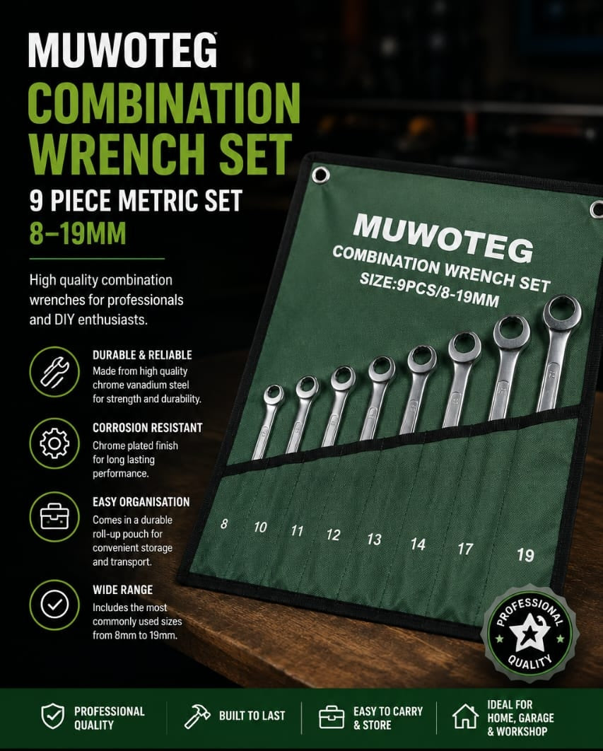 . **MUWOTEG 9-Piece Metric Combination Wrench Set (8β19 mm)**