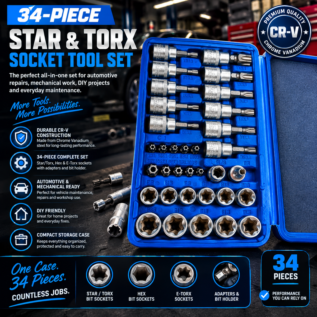 ⚙️ 34-Piece Professional Star & Torx Bit Socket Set 🔧💪
