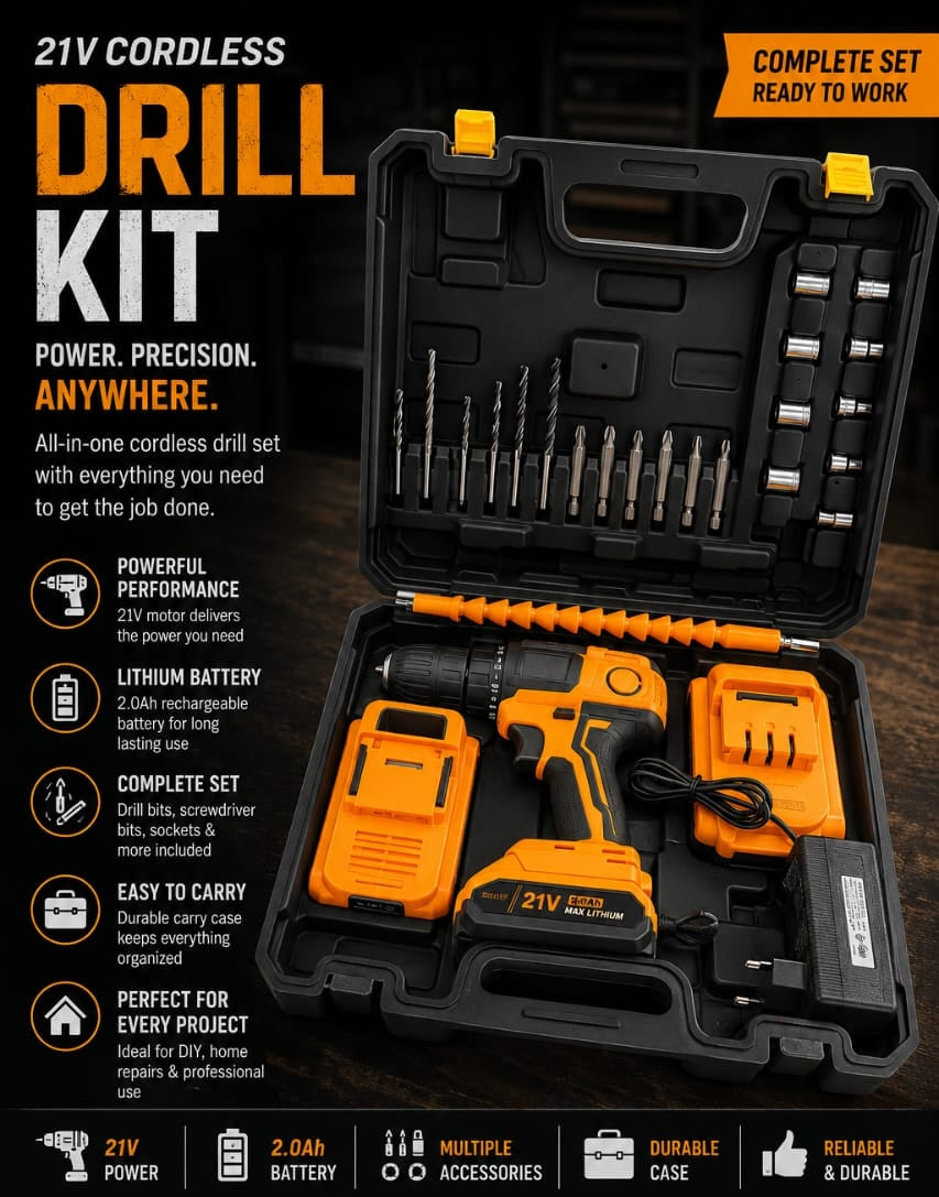 21V Cordless Drill Kit with 2.0Ah Battery and Carry Case