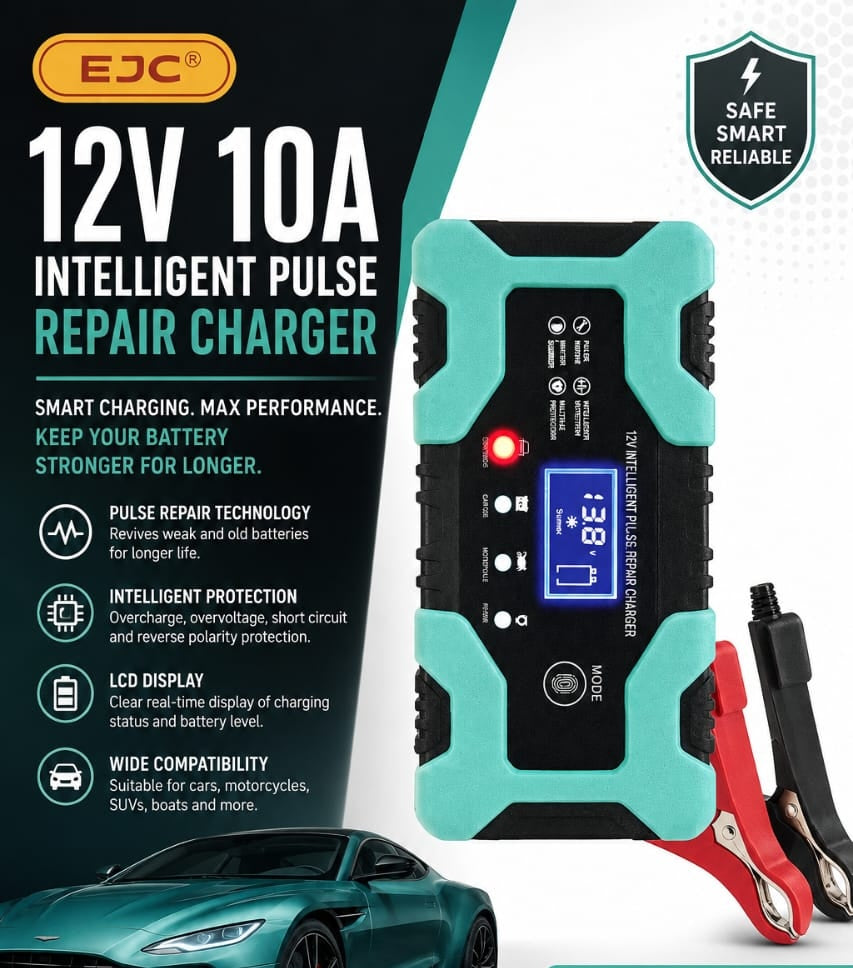 EJC 12V 10A Intelligent Pulse Repair Battery Charger with LCD Display