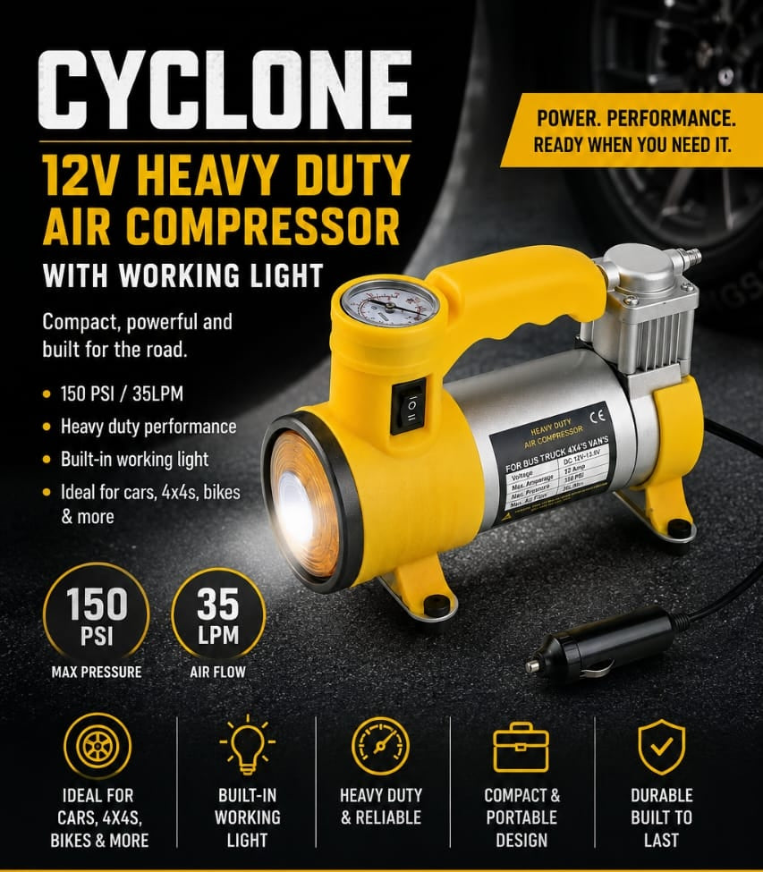 Cyclone 12V Heavy Duty Air Compressor with Working Light - 150 PSI