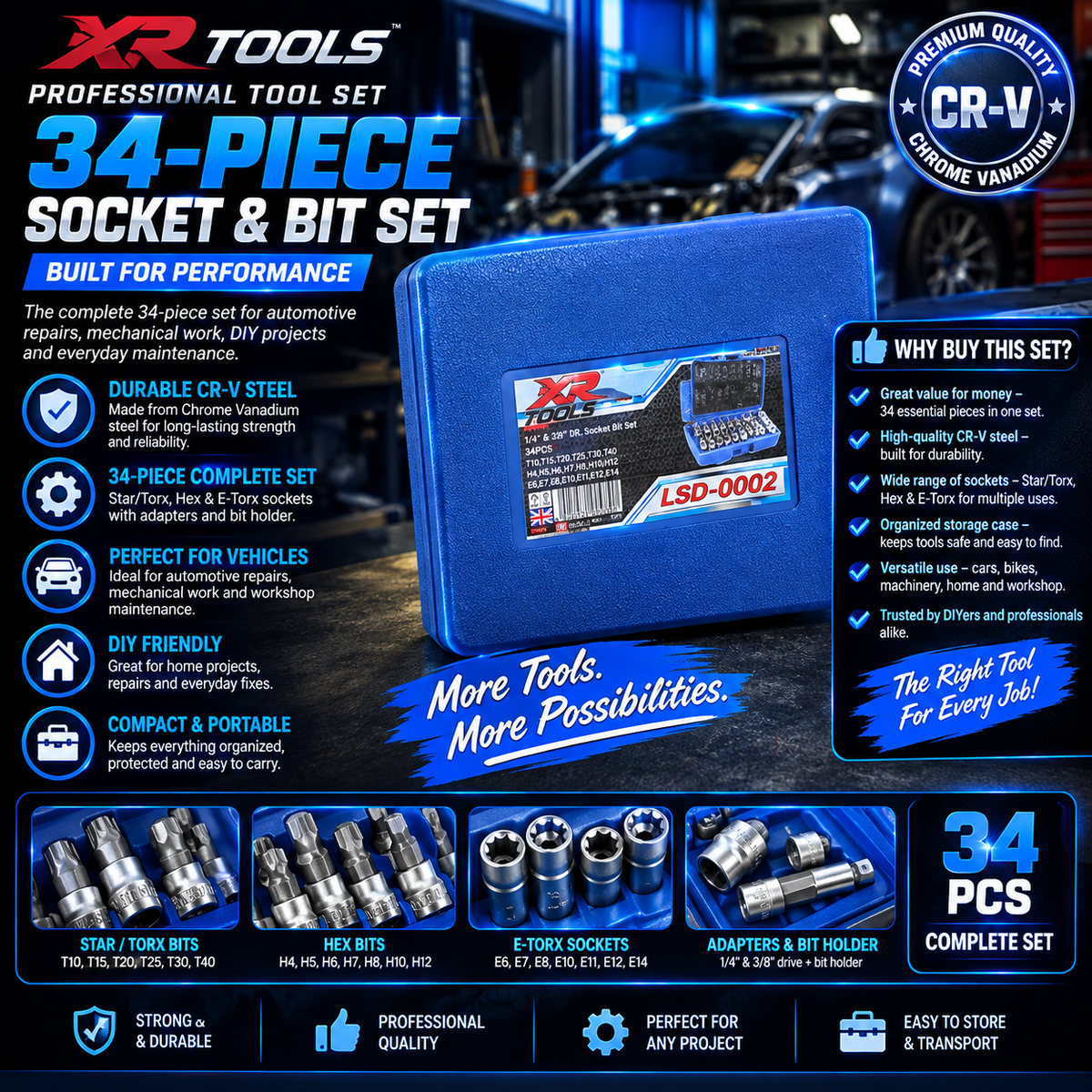 ⚙️ 34-Piece Professional Star & Torx Bit Socket Set 🔧💪