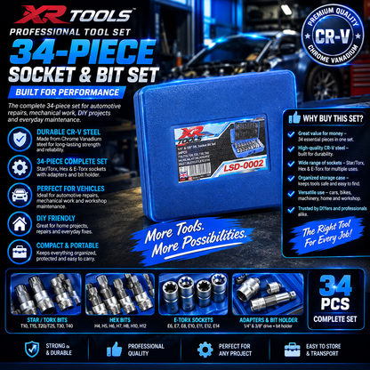 ⚙️ 34-Piece Professional Star & Torx Bit Socket Set 🔧💪